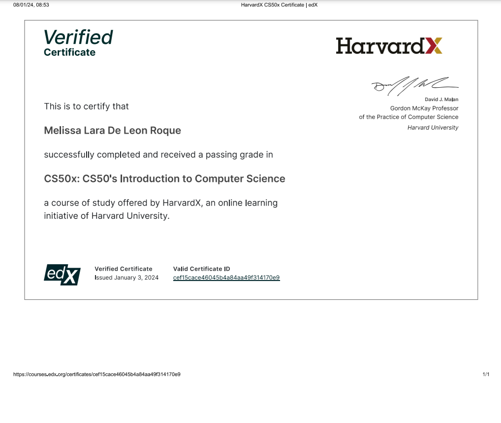 EDX HarvardX CS50x Introduction to Computer Science